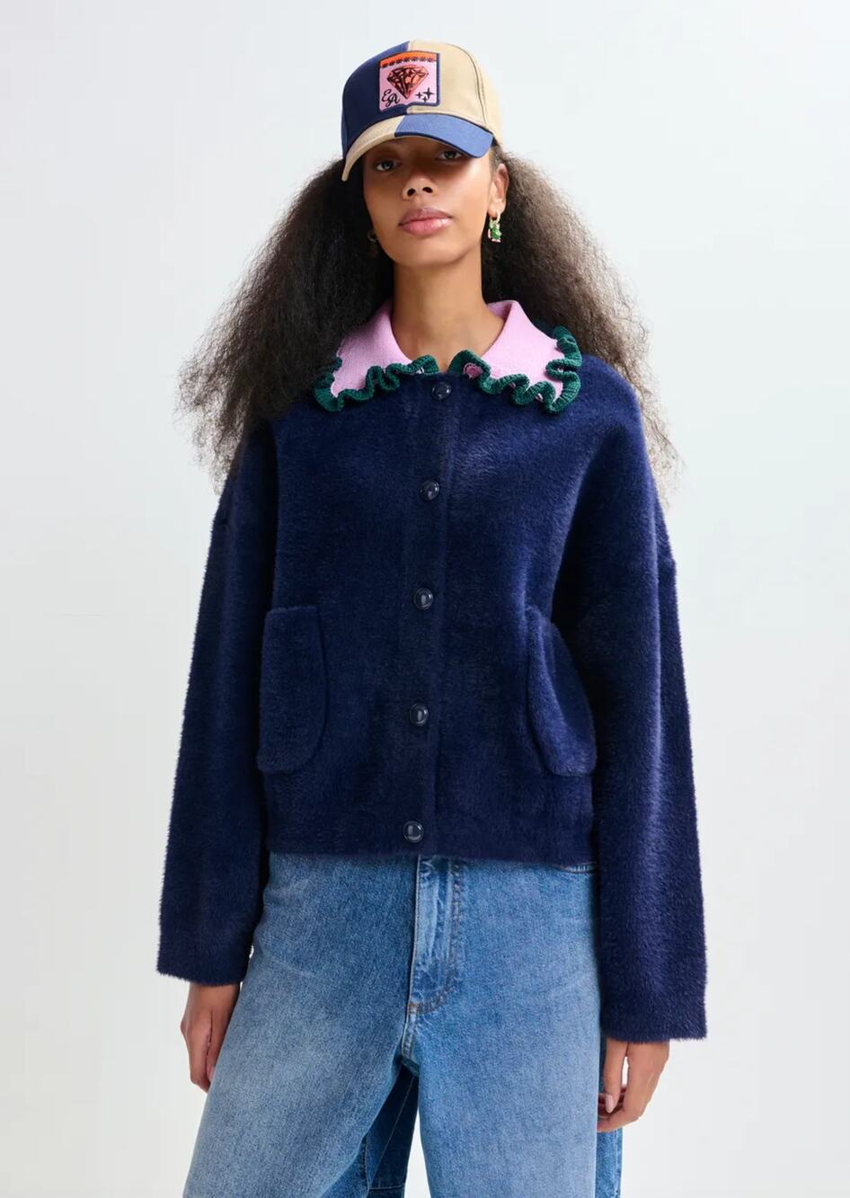 Essentiel Antwerp Jardener Ruffle-Collar Cardigan Navy Blue Chanille Sweater S